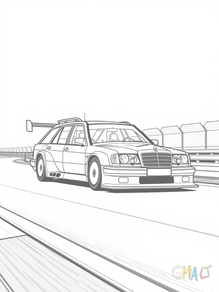 Ein Mercedes 190E DTM Renntourenwagen in Action auf der Rennstrecke. Der tiefer gelegte Rennwagen hat einen großen Heckspoiler.