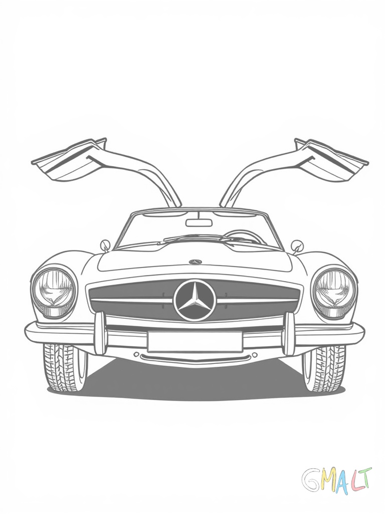 Ein Mercedes-Benz 300 SL Flügeltürer von der Seite mit geöffneten charakteristischen nach oben schwingenden Türen. Der Klassiker steht auf einer einfachen Grundlinie.