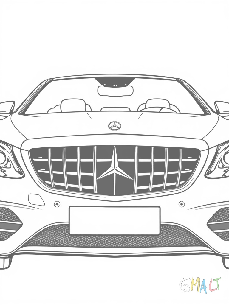 Eine moderne Mercedes S-Klasse Limousine in Frontalansicht. Der markante Kühlergrill mit großem Stern dominiert die Front. Die LED-Scheinwerfer sind klar erkennbar.