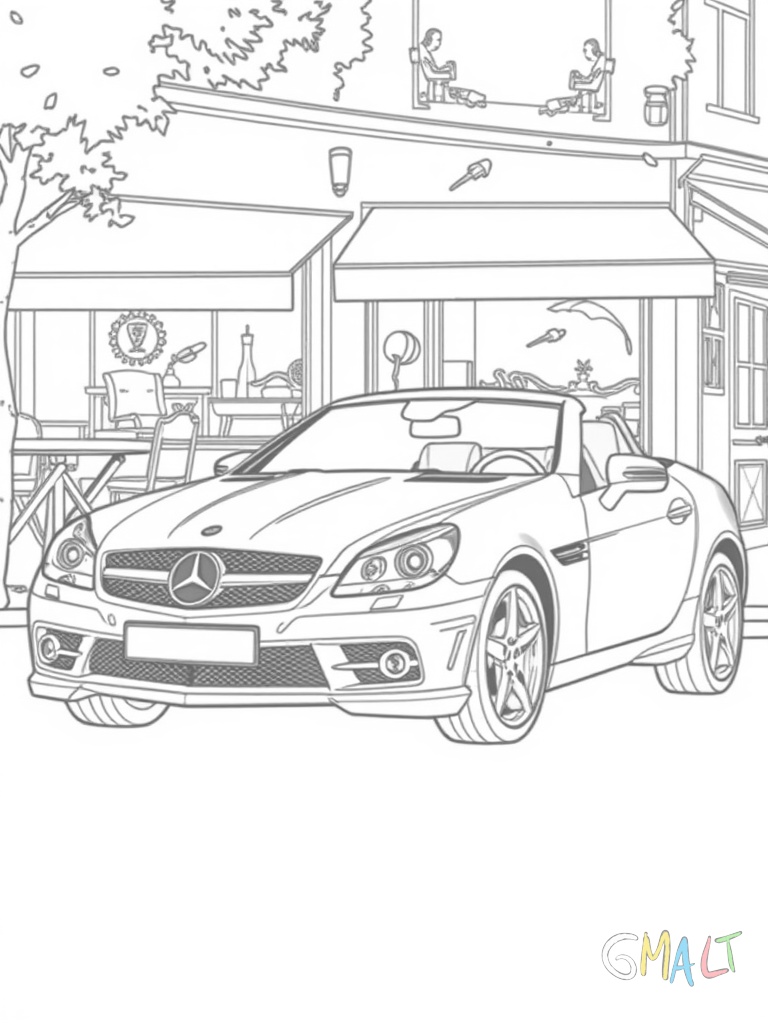 Ein Mercedes SLK Roadster in Parkposition vor einem Café. Das Hardtop ist halb eingeklappt und zeigt den Verwandlungsprozess.