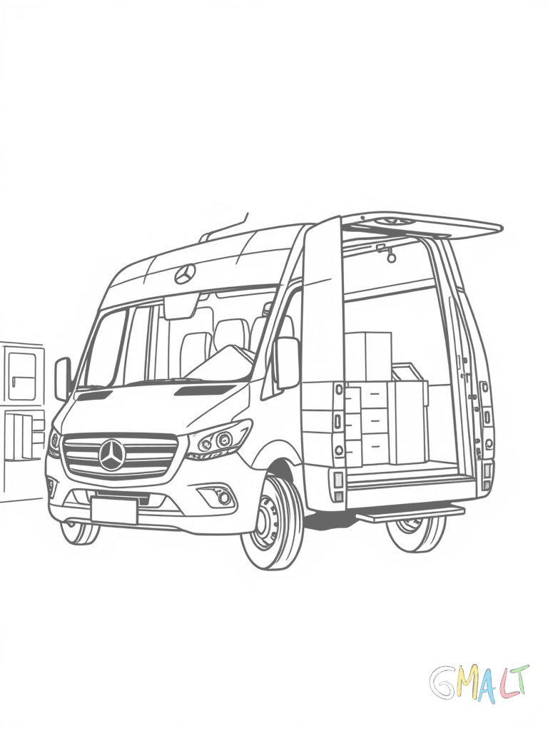 Ein Mercedes Sprinter Transporter mit geöffneten Hecktüren. Ein Paketbote lädt Pakete aus dem Laderaum aus.