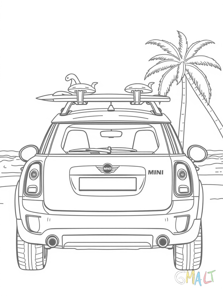 Ein Mini Countryman in 3/4-Ansicht von vorne mit Dachgepäckträger. Auf dem Gepäckträger sind zwei Surfbretter festgeschnallt. Das Auto steht am Strand mit einer Palme im Hintergrund.