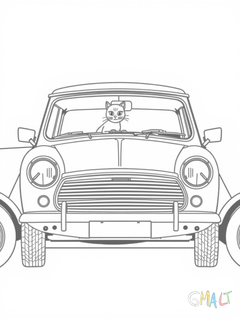 Ein klassischer Mini aus den 60er Jahren in der Seitenansicht. Markante runde Form mit kleinen Rädern und dem charakteristischen Frontgrill. Eine niedliche Katze schaut aus dem Seitenfenster.
