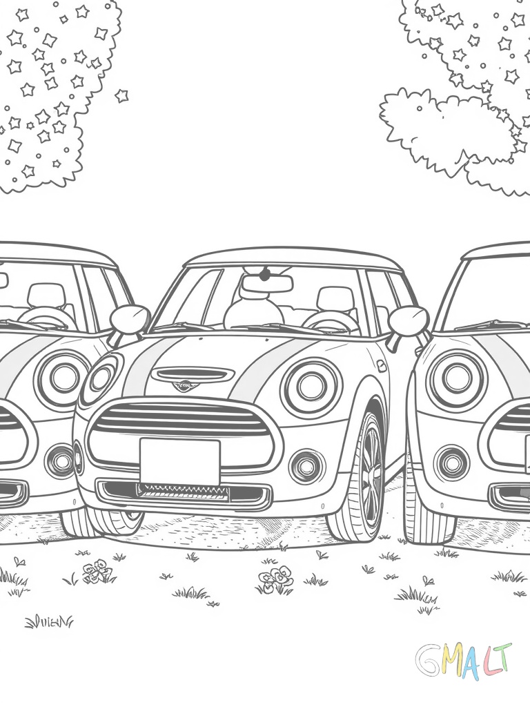 Drei Mini Cooper parken nebeneinander in einer Reihe. Jedes Auto hat eine andere Größe (klein mittel groß) wie eine Mini-Familie. Kleine Blumen wachsen zwischen den Autos.