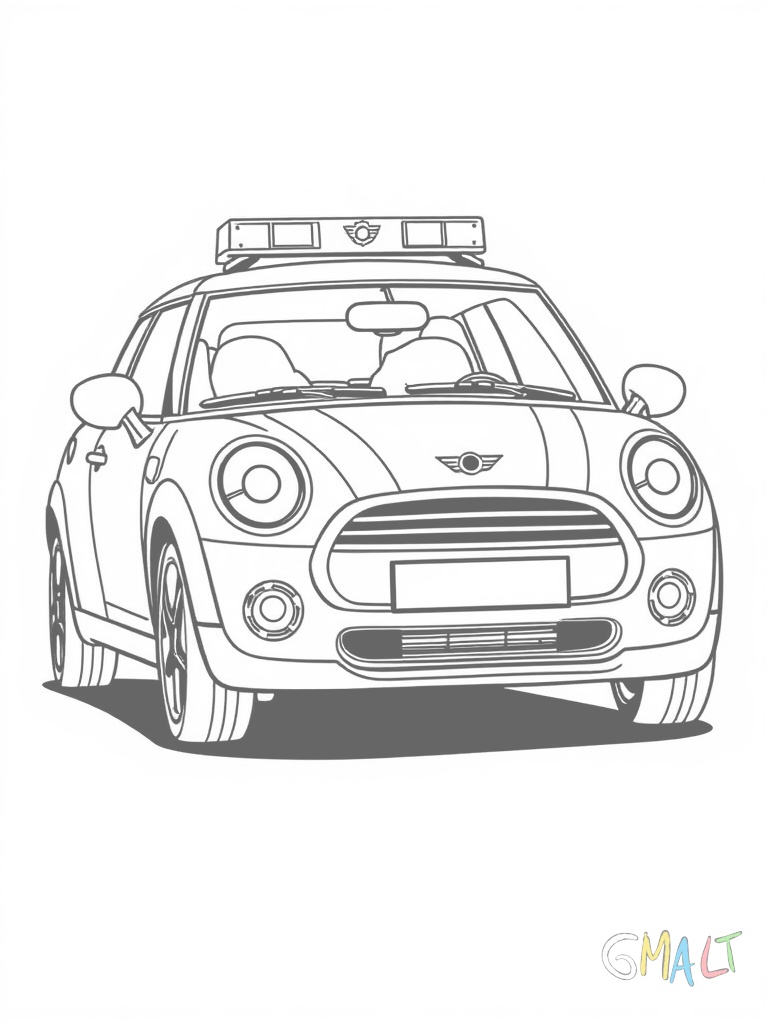 Ein Mini Cooper als Polizeiauto mit Blaulicht auf dem Dach und Polizei-Schriftzug an der Seite. Das Auto wird von einem freundlich winkenden Polizei-Hund gesteuert.