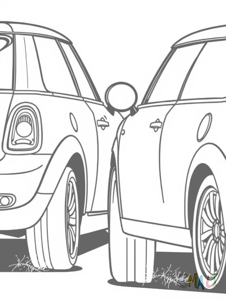 Zwei Mini Cooper fahren ein Rennen nebeneinander. Beide Autos sind in der Seitenansicht mit Startnummern auf den Türen. Kleine Staubwolken wirbeln unter den Reifen auf.