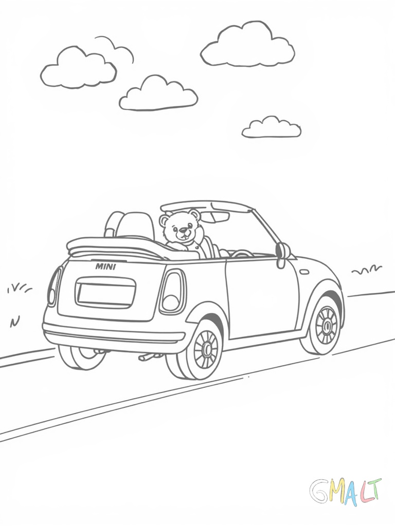 Ein Mini Cabrio von der Seite mit offenem Verdeck. Der Fahrer ein fröhlicher Teddybär winkt aus dem Fenster. Das Auto fährt auf einer einfachen geraden Straße mit zwei Wolken am Himmel.
