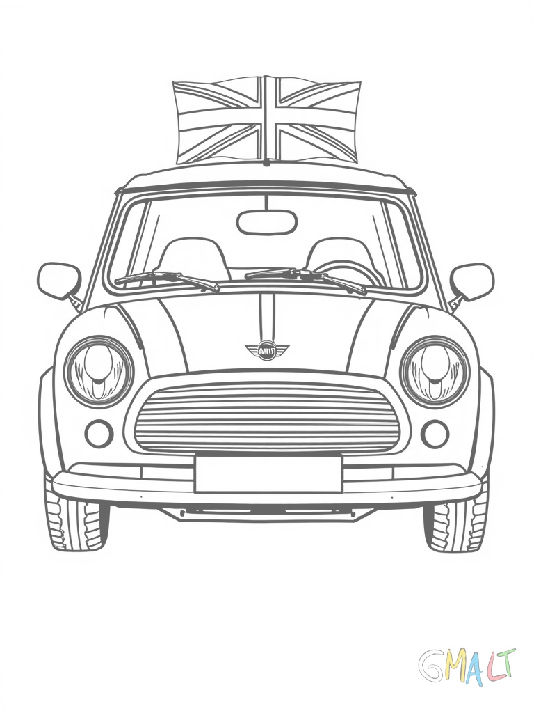 Ein kleiner Mini Cooper in Frontansicht mit großen runden Scheinwerfern und dem typischen Kühlergrill. Auf dem Dach ist eine britische Flagge aufgemalt. Die Räder sind leicht eingeschlagen was dem Auto einen verspielten Look gibt.