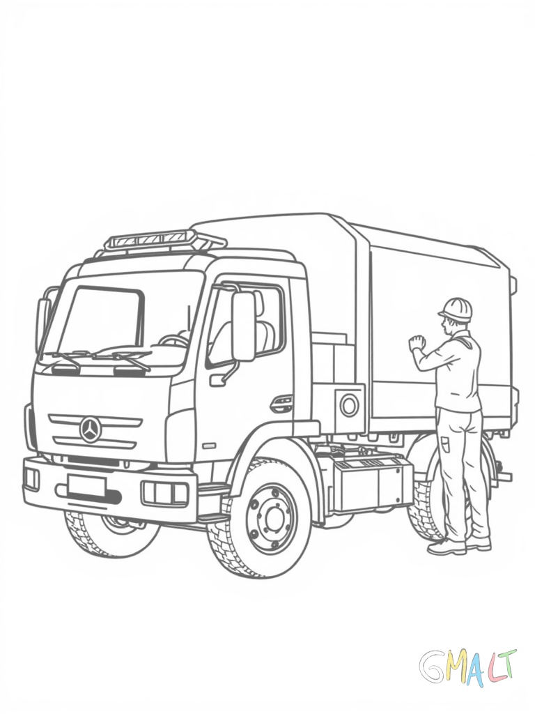 Ein Müllwagen mit geöffneter Ladeklappe hebt eine Mülltonne hoch. Der Fahrer sitzt im Führerhaus und ein Müllwerker steht auf dem Trittbrett hinten am Fahrzeug.