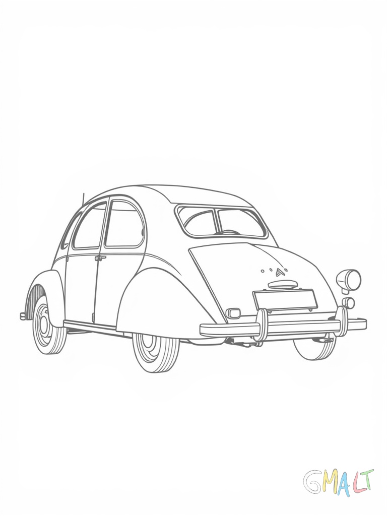 Ein Citroen 2CV (Ente) ist von der Seite dargestellt. Das markante gewellte Blechdach und die runden Kotflügel prägen die Silhouette. Die schmalen Räder und die charakteristische Frontpartie mit den runden Scheinwerfern sind deutlich zu erkennen.