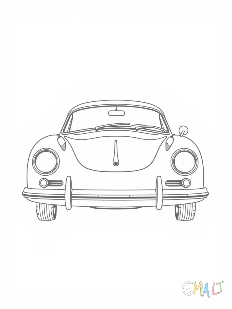 Ein Porsche 356 ist in Dreiviertelansicht von vorne zu sehen. Die geschwungene aerodynamische Form mit den runden Scheinwerfern und der flachen Fronthaube ist klar erkennbar. Die gewölbten Kotflügel umschließen die Räder harmonisch.