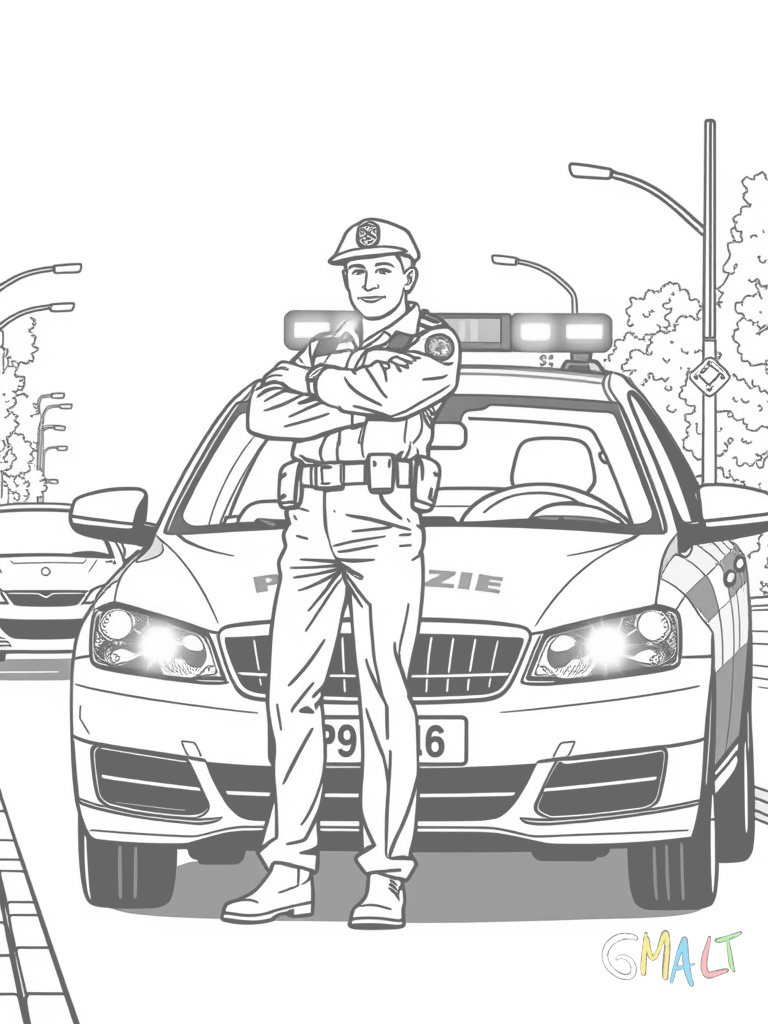 Ein Polizeiauto mit Blaulicht steht quer auf der Straße. Ein Polizist steht daneben und regelt den Verkehr mit ausgestreckten Armen.