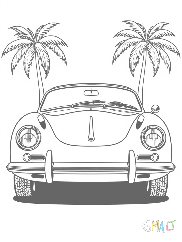 Ein klassischer Porsche 356 Speedster von vorne. Der historische Sportwagen zeigt seine runden Scheinwerfer und die gewölbte Fronthaube. Zwei simple Palmen stehen im Hintergrund.