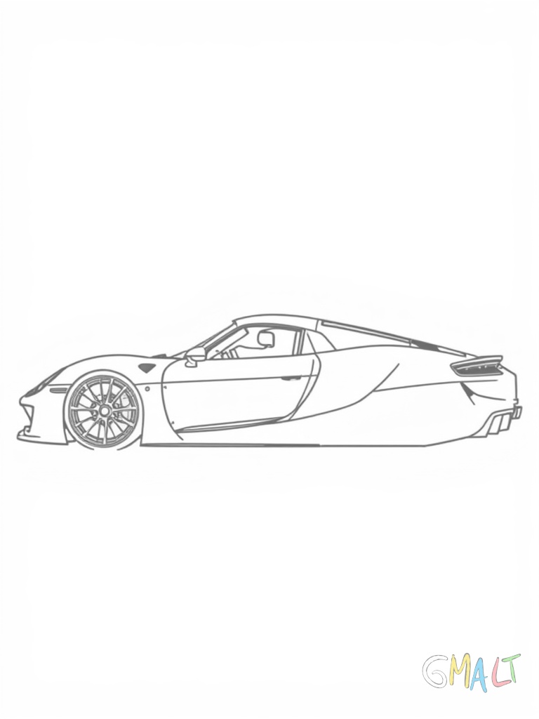 Ein Porsche 918 Spyder im Renndesign. Das Hybrid-Hypercar wird von der Seite gezeigt mit ausgefahrenem Heckflügel. Die flache Silhouette und große Räder betonen den sportlichen Charakter.
