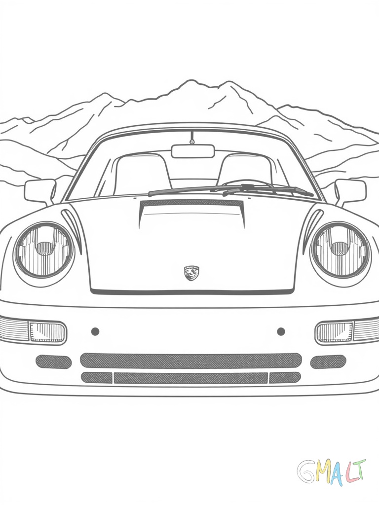 Ein historischer Porsche 959 schräg von vorne. Der Supersportwagen der 80er Jahre zeigt seine breite Front und die charakteristischen Lufteinlässe. Eine einfache Bergsilhouette im Hintergrund.
