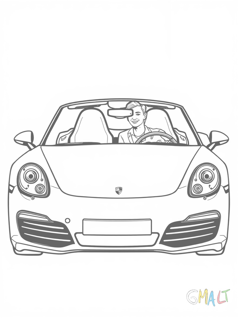 Ein Porsche Boxster mit geöffnetem Verdeck von schräg vorne. Die aerodynamische Frontpartie und die seitlichen Lufteinlässe sind erkennbar. Ein lächelnder Fahrer sitzt am Steuer.