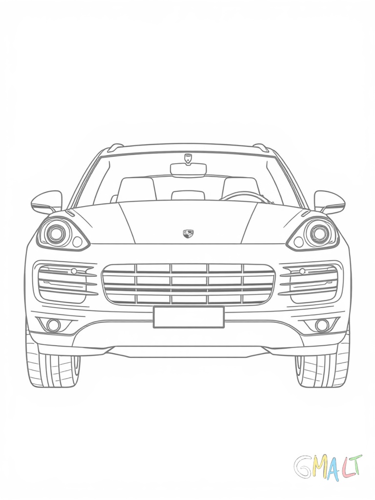 Ein Porsche Cayenne SUV von vorne. Der große Kühlergrill und die typischen runden Scheinwerfer sind deutlich zu sehen. Das Fahrzeug steht auf einer einfachen Bodenlinie.
