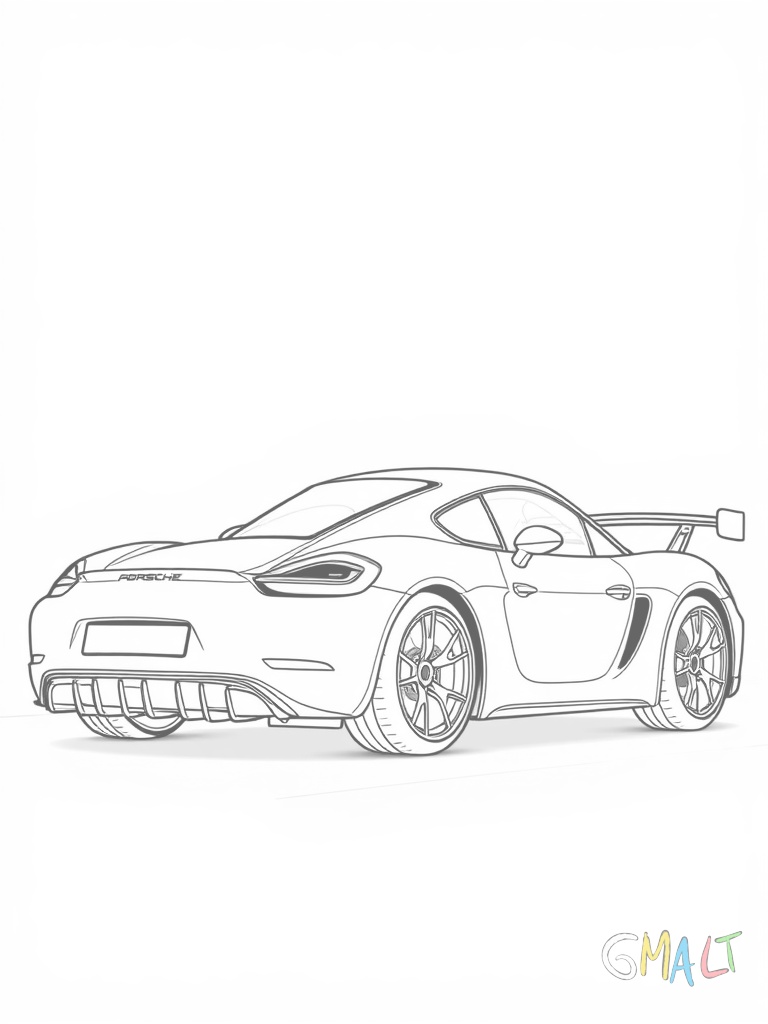 Ein Porsche Cayman GT4 im Profil. Das Mittelmotorsportauto steht auf einer Plattform. Der große Heckspoiler und die markanten Seitenschweller sind gut zu erkennen.