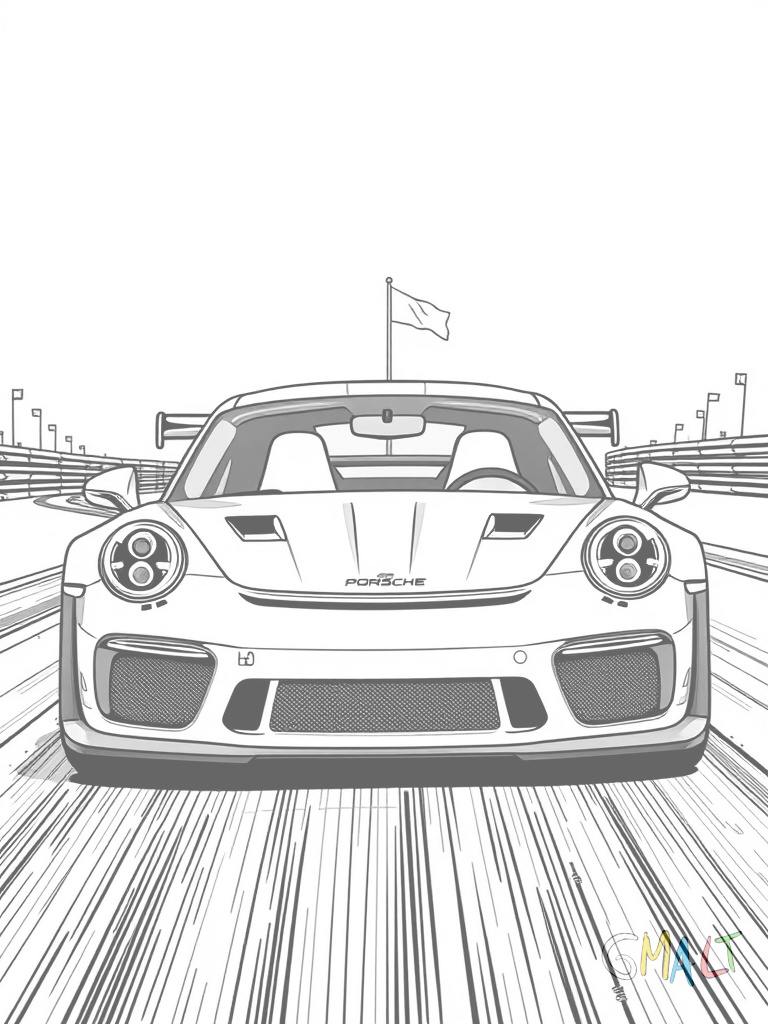 Ein Porsche GT3 RS auf einer Rennstrecke. Das Hochleistungsfahrzeug wird von vorne gezeigt mit großem Frontsplitter und Lufteinlässen. Einfache Zielfahne im Hintergrund.