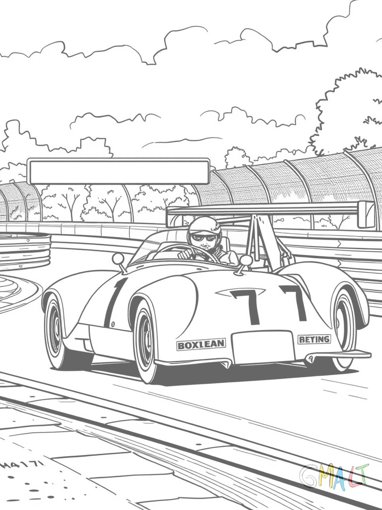 Ein Rennwagen mit großem Heckspoiler auf einer Rennstrecke. Die Startnummer 7 ist gut sichtbar auf der Seite aufgemalt. Der Fahrer trägt einen Helm.