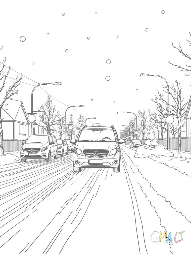 Ein Schneepflug räumt eine verschneite Straße. Das Räumschild vorne ist angehoben und Schnee wird zur Seite geschoben.