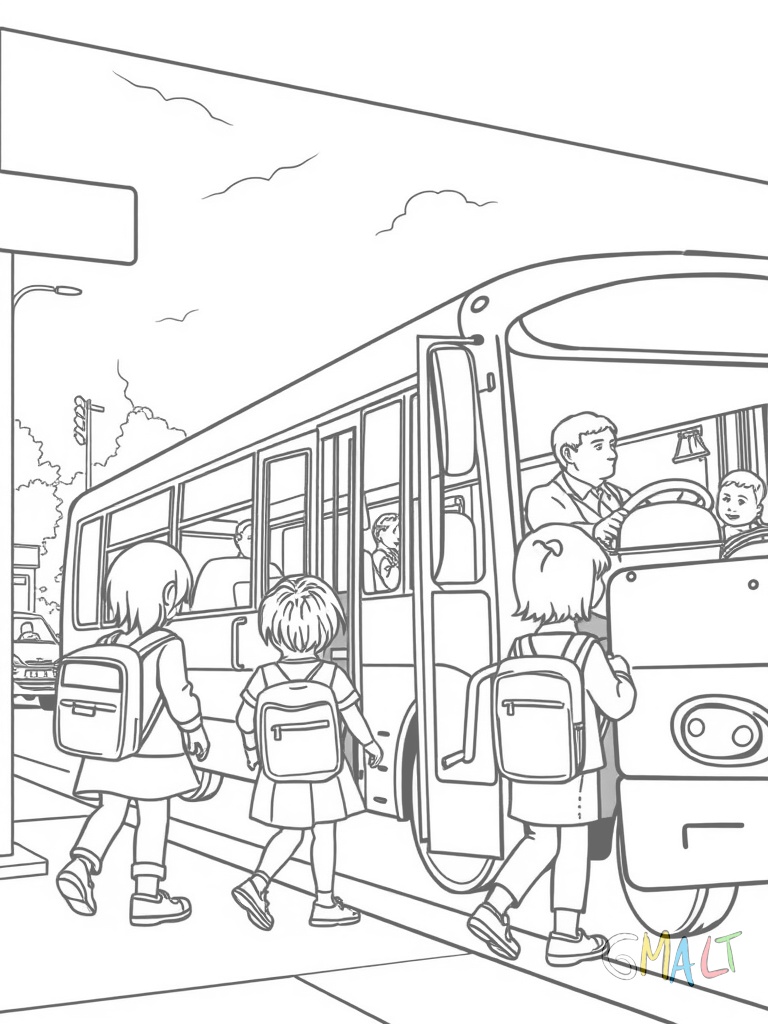 Ein Schulbus mit offener Tür steht an einer Bushaltestelle. Kinder mit Schulranzen steigen ein während der Busfahrer am Steuer wartet.