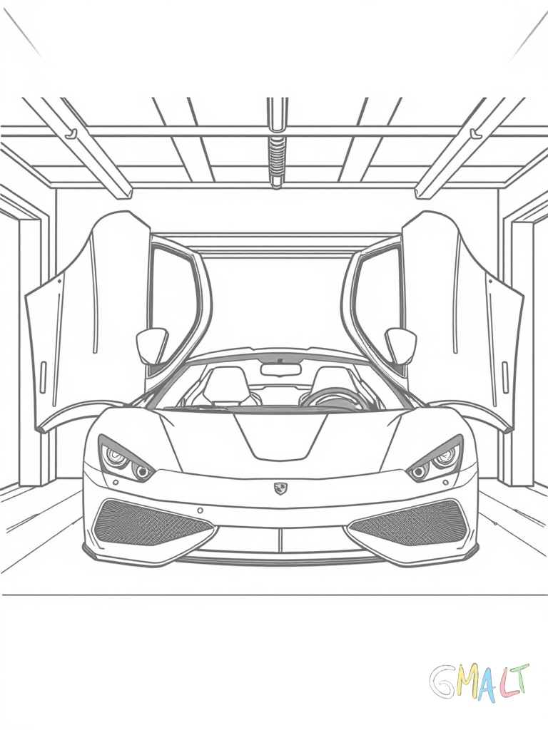 Ein Sportwagen mit Flügeltüren steht in einer Garage. Die Türen sind nach oben geöffnet und der Motor ist sichtbar.