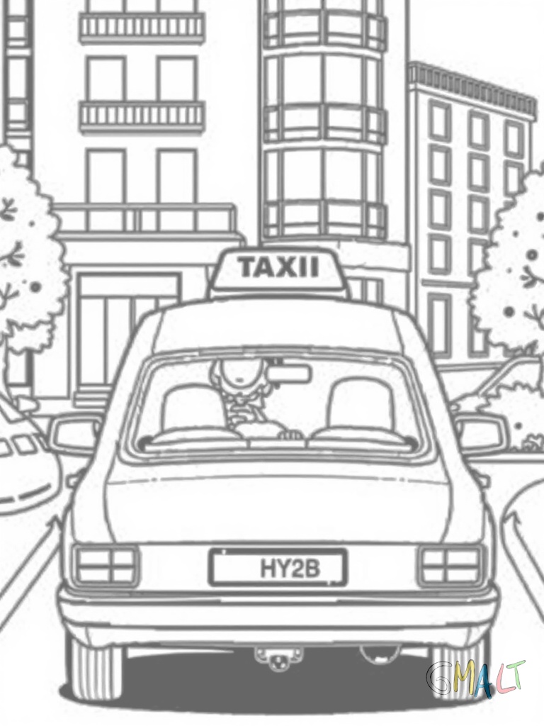 Ein Taxi wartet vor einem Hotel. Die Taxilampe auf dem Dach leuchtet und der Fahrer öffnet die hintere Tür für einen Fahrgast.