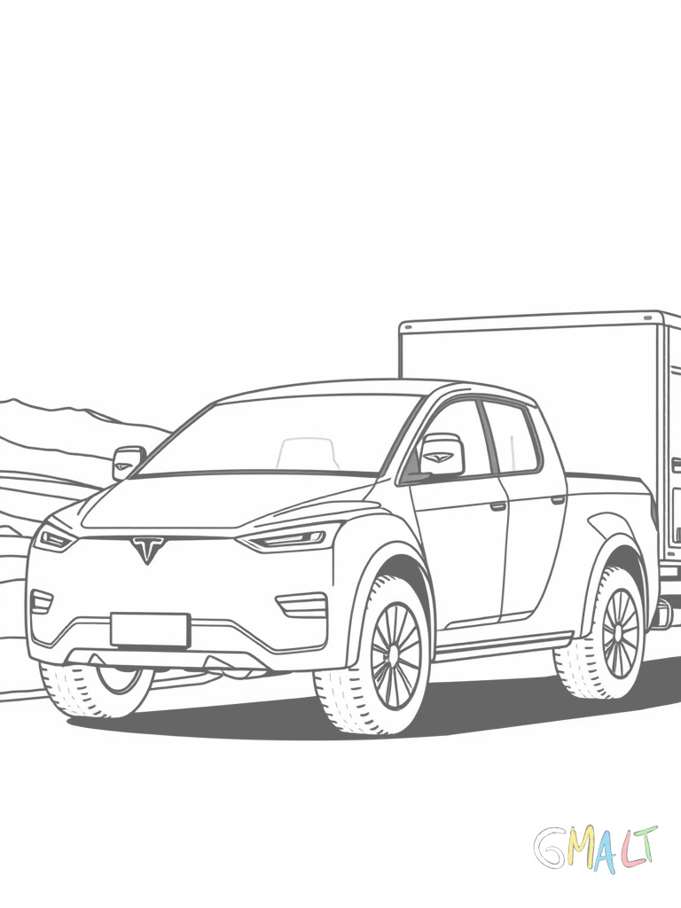 Ein Tesla Cybertruck zieht einen Anhänger. Das Gespann ist von der Seite zu sehen und zeigt die markante Pickup-Form.