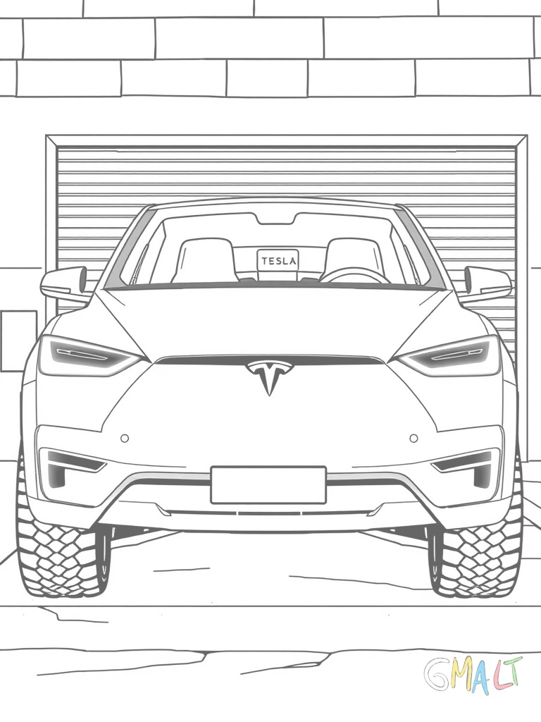 Ein Tesla Cybertruck parkt vor einer Garage. Seine kantige Form ist gut erkennbar und die charakteristische LED-Lichtleiste erstreckt sich über die gesamte Frontpartie.