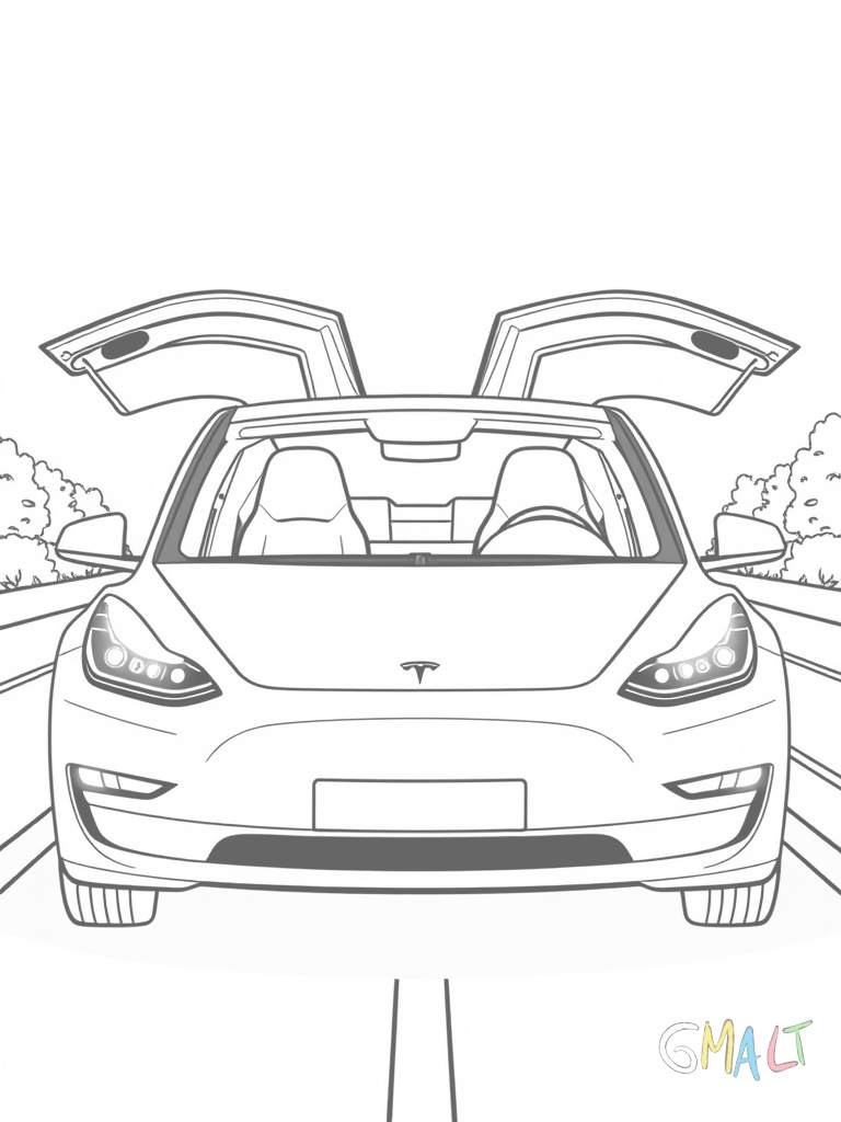 Ein Tesla Model 3 von vorne mit geöffneten Flügeltüren steht auf einer geraden Straße. Die Scheinwerfer leuchten und das Tesla-Logo ist deutlich auf der Front zu sehen.
