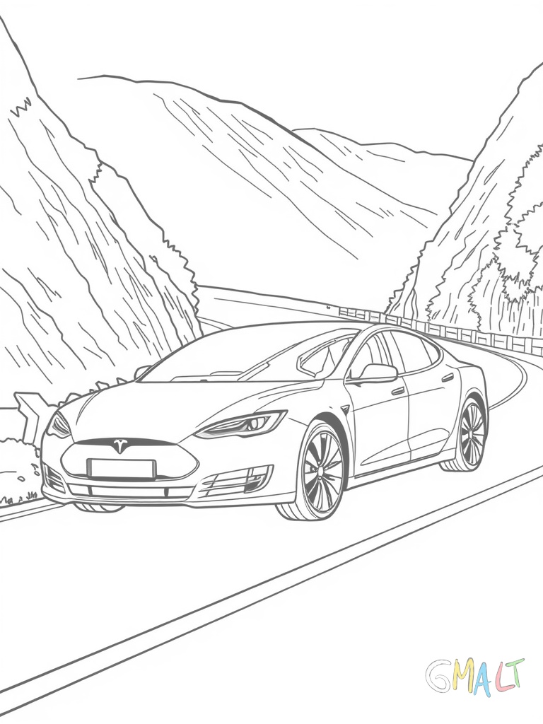 Ein Tesla Model S fährt auf einer kurvigen Bergstraße. Der Wagen ist im Profil zu sehen und zeigt seine aerodynamische Silhouette.