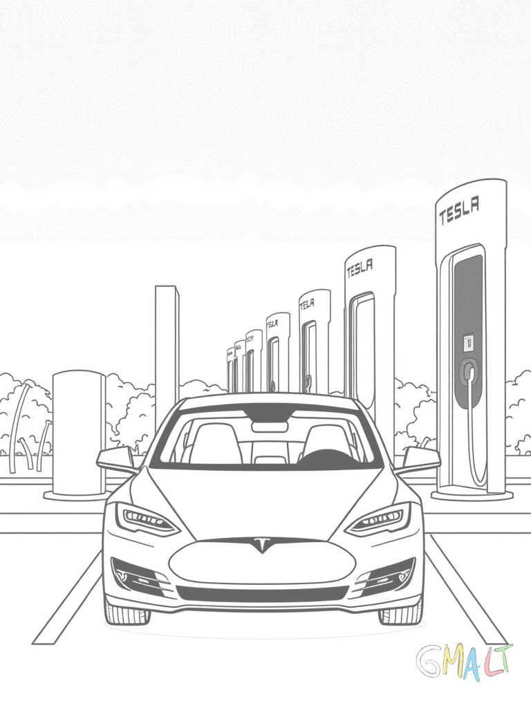 Ein Tesla Model S steht vor einem Supercharger. Mehrere Ladesäulen sind in einer Reihe zu sehen.