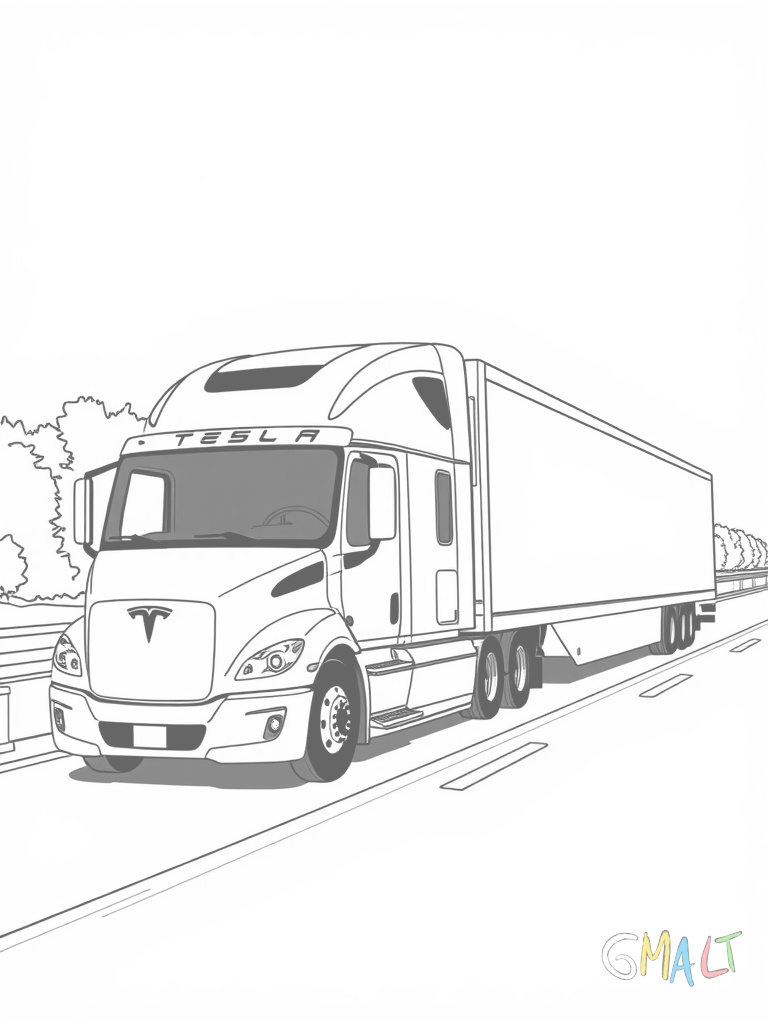 Ein Tesla Semi-Truck auf der Autobahn. Der elektrische Lastwagen ist von der Seite zu sehen mit seiner stromlinienförmigen Kabine.