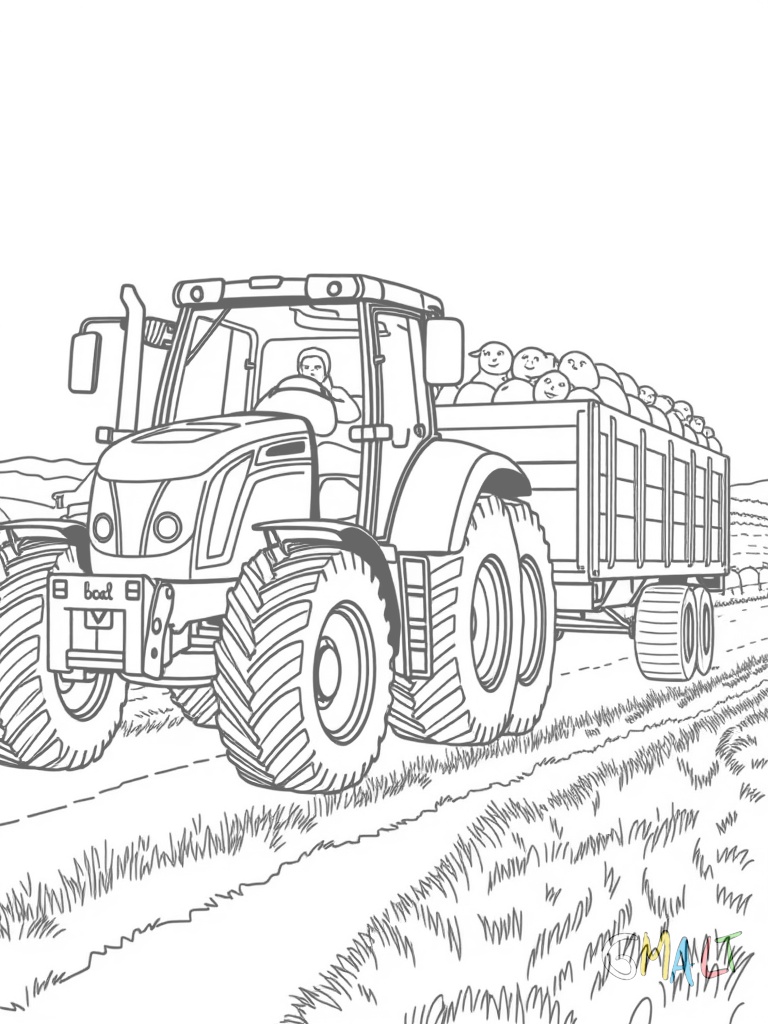 Ein Traktor zieht einen Anhänger voller Heuballen über einen Feldweg. Die großen Hinterräder haben markante Profil-Rillen.