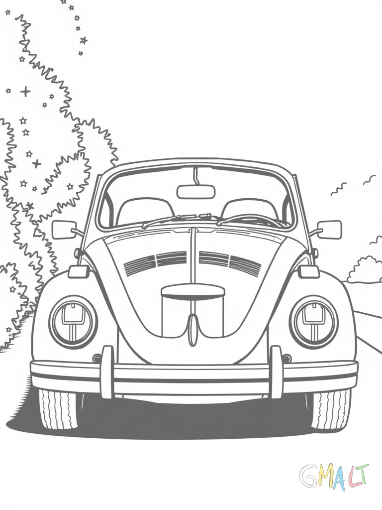Ein VW Beetle Cabrio mit geöffnetem Verdeck von schräg vorne. Die rundliche Form des Beetles ist gut erkennbar. Das Verdeck ist nach hinten gefaltet.