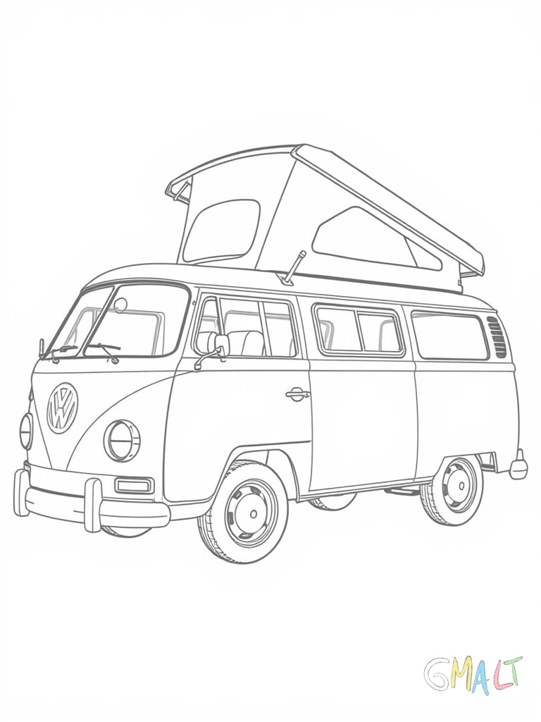 Ein VW Bus T2 als Camper mit aufgestelltem Aufstelldach von der Seite. Die typischen Schiebetüren und die charakteristische Form sind deutlich zu erkennen. Das Aufstelldach ist nach oben ausgeklappt.