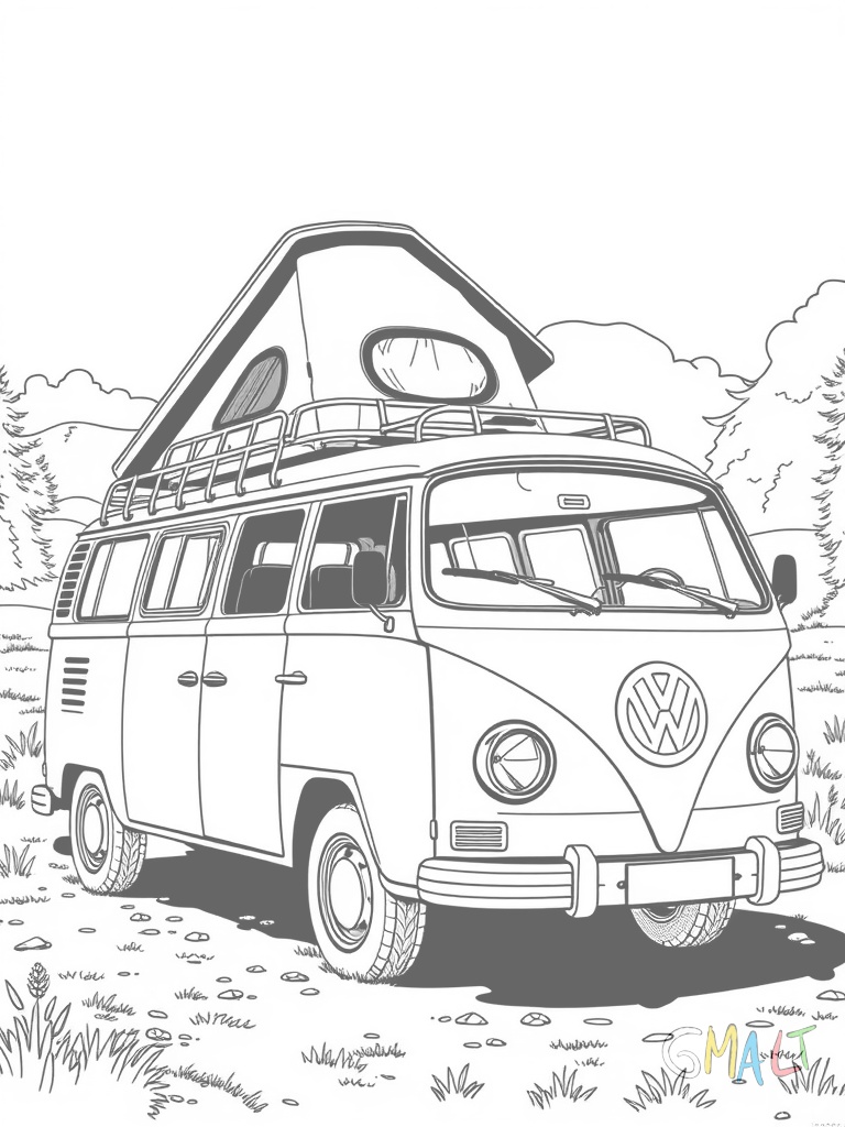 Ein VW Käfer von schräg hinten fotografiert beim Camping. Ein kleines Zelt ist neben dem Auto aufgebaut und auf dem Dachgepäckträger ist Campingausrüstung befestigt.
