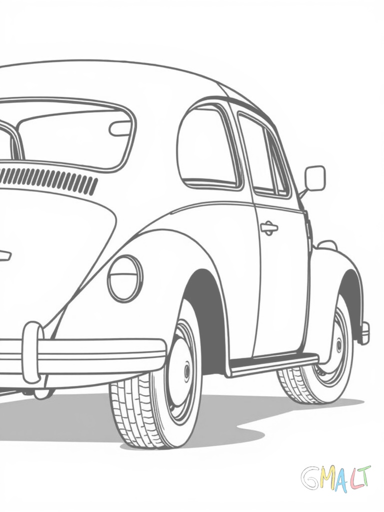 Ein klassischer VW Käfer von der Seite. Das Auto zeigt nach rechts mit den typisch runden Kotflügeln und der charakteristischen gewölbten Form. Die Räder sind gut sichtbar und die Fenster klar umrandet.