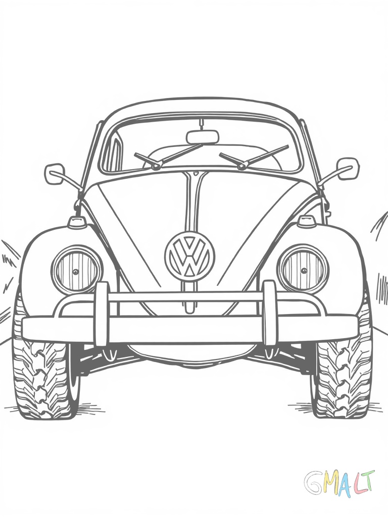 Ein aufgemotzter VW Käfer mit breiten Reifen und tiefer gelegtem Fahrwerk. Der Wagen ist frontal zu sehen mit zusätzlichen Rallye-Scheinwerfern und einem kleinen Spoiler auf der Motorhaube.