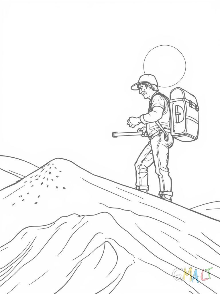 Ein Bagger steht auf einem Sandhaufen und hebt mit seiner Schaufel Erde aus. Die Ketten des Baggers sind deutlich zu sehen. Im Hintergrund scheint die Sonne.