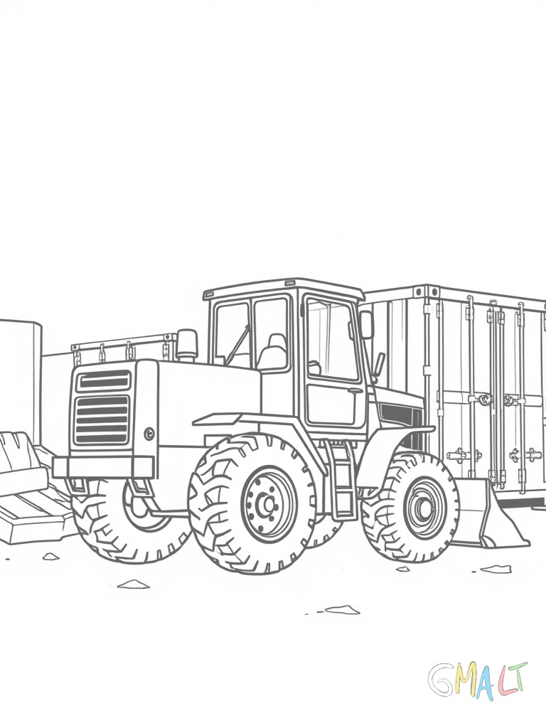 Ein Bagger steht auf einer Baustelle neben einem Baucontainer. Die Schaufel ruht am Boden und der Arm ist eingeklappt.