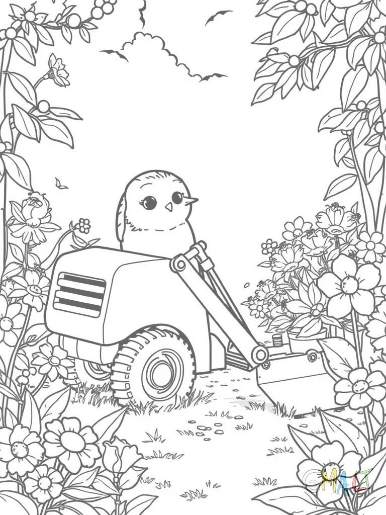 Ein Minibagger arbeitet in einem Garten. Seine kleine Schaufel gräbt zwischen Blumenbeeten. Der Baggerarm ist kompakt und wendig.