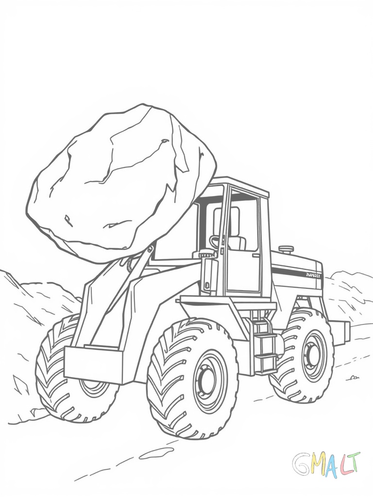 Ein Bagger transportiert einen großen Stein in seiner Schaufel. Der Arm ist angehoben und leicht nach innen gewinkelt.