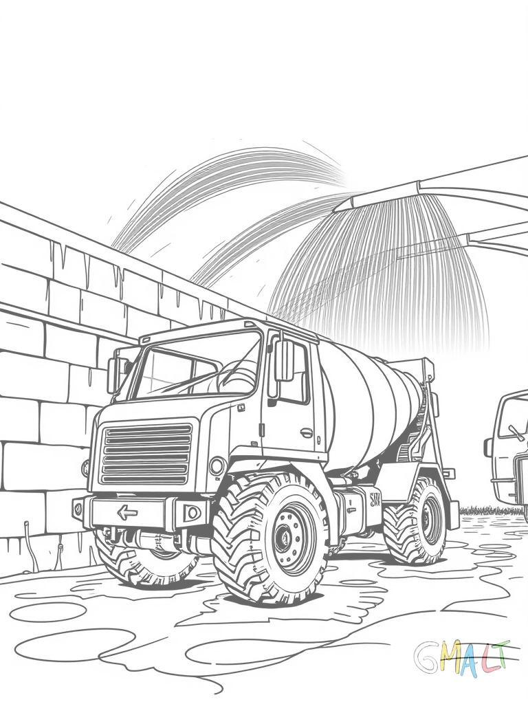 Ein Betonmischer wäscht sich an einer Waschanlage. Wasserstrahlen spritzen von oben auf die Mischtrommel. Seifenblasen schweben in der Luft. Die Reifen stehen in einer kleinen Wasserpfütze.