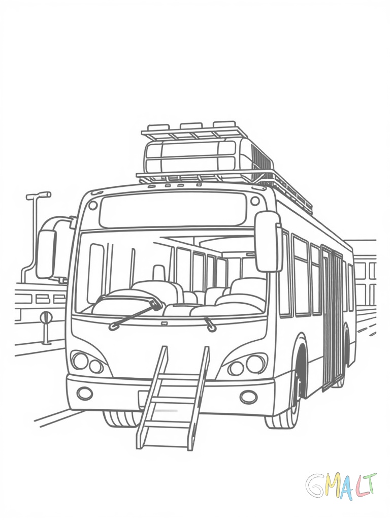 Ein kleiner Shuttlebus am Flughafen. Die Schiebetür ist geöffnet und eine kleine Treppe ist ausgeklappt. Auf dem Dach sind Gepäckträger montiert.