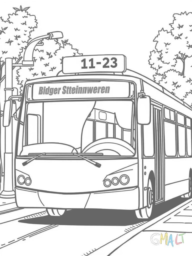 Ein fröhlicher Stadtbus mit großen runden Scheinwerfern und offenen Türen steht an einer Haltestelle. Auf dem Dach ist eine Anzeigetafel mit der Liniennummer montiert.