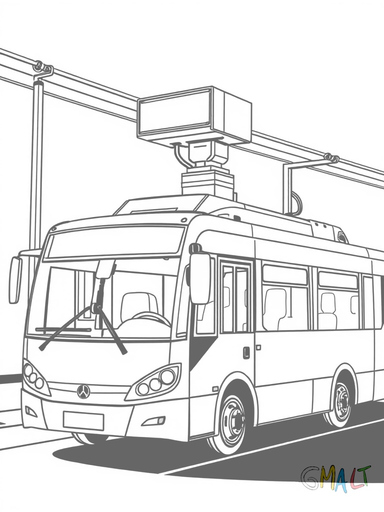 Ein moderner Elektrobus an der Ladestation. Der Stromabnehmer auf dem Dach ist ausgefahren und verbindet sich mit der Ladestation über dem Bus.