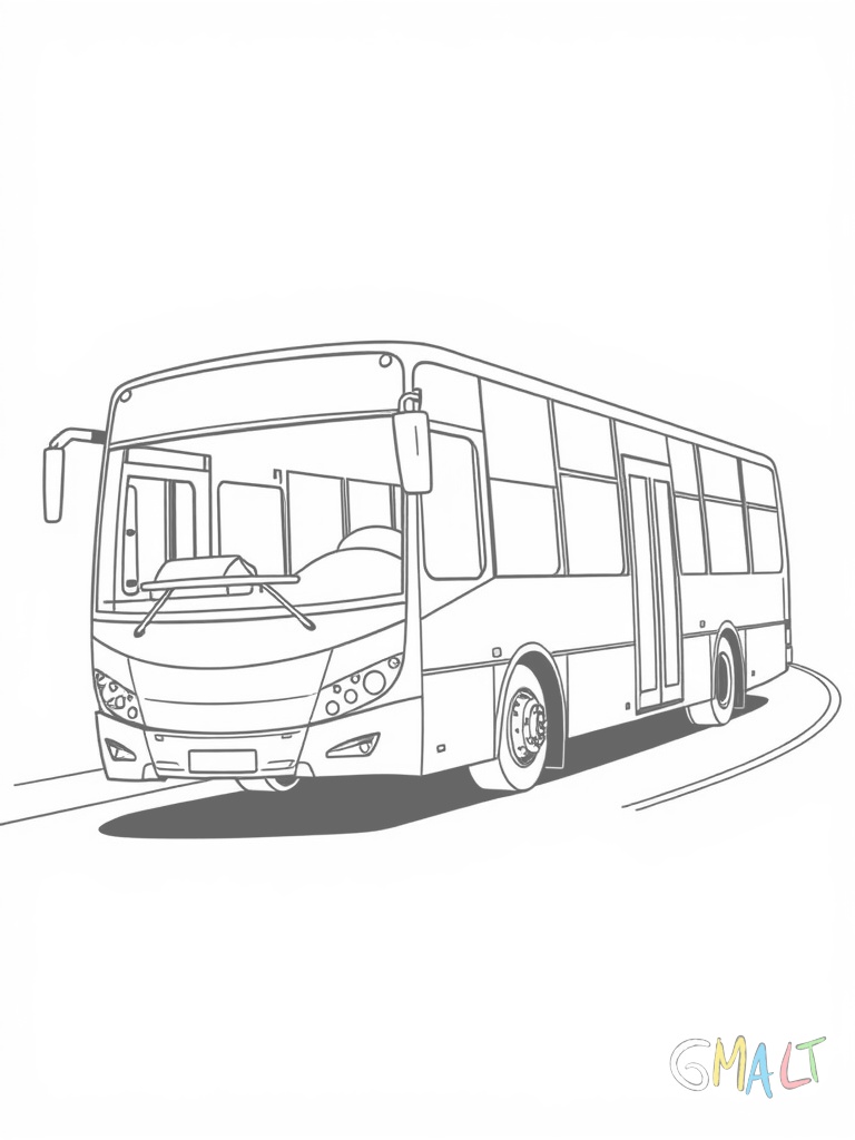 Ein Linienbus biegt um eine Kurve. Die Räder sind eingeschlagen und der Bus zeigt eine typische Seitenneigung. Die Außenspiegel sind gut sichtbar.