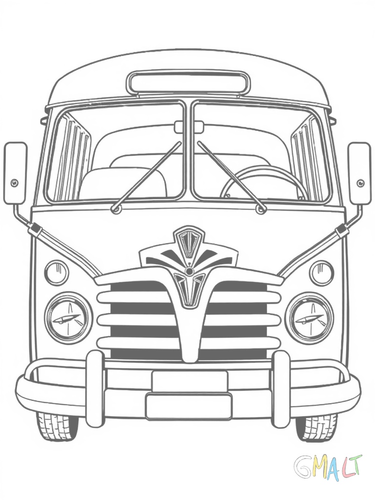 Ein Oldtimer-Bus aus den 50er Jahren mit rundem Kühlergrill und charakteristischen Chromleisten. Die Frontscheibe ist in zwei Hälften geteilt.